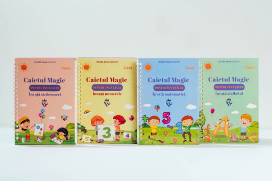 Set 4 Cărți caligrafice + 2 pixuri cu 8 mine Gratuit: Litere + Numere + Adunări + Desen | Recomandat: 2-10 ani.