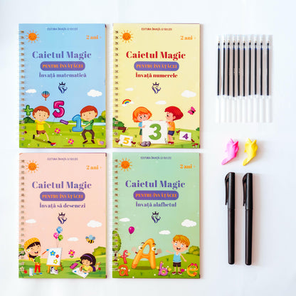 Set 4 Cărți caligrafice pentru Grădinița / Clasa Pregătitoare : Litere, Numere, Adunări și Desen