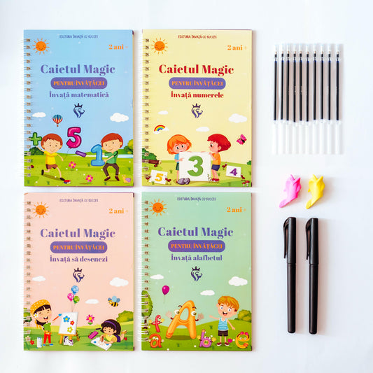 Set 4 Cărți caligrafice pentru Grădinița / Clasa Pregătitoare : Litere, Numere, Adunări și Desen