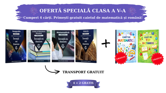 Pachet 4 cărți + 2 Gratuit - Clasa a V-a: Toată materia structurată la Română, Matematică, Istorie și Geografie pentru clasa a V-a