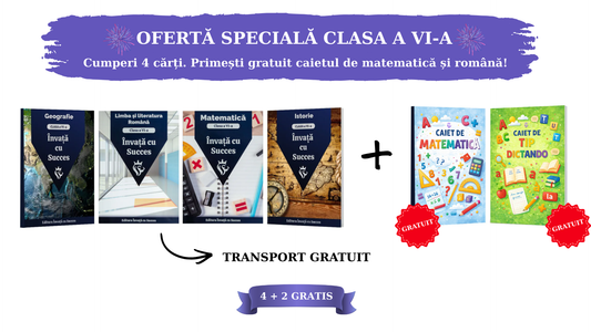 Pachet 4 cărți + 2 Gratuit - Clasa a VI-a: Toată materia structurată la Română, Matematică, Istorie și Geografie pentru clasa a VI-a